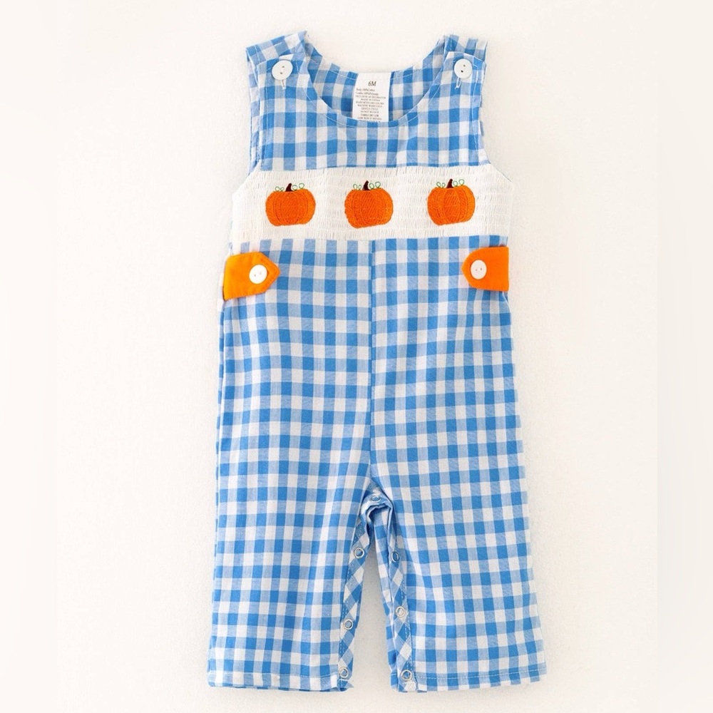 🎃 Rylee Faith Designs Baby Boy Blue Gingham Smocked Pumpkin Romper 12 months